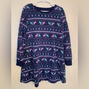 Girls Fleece Lined Holiday Print Unicorn Dress